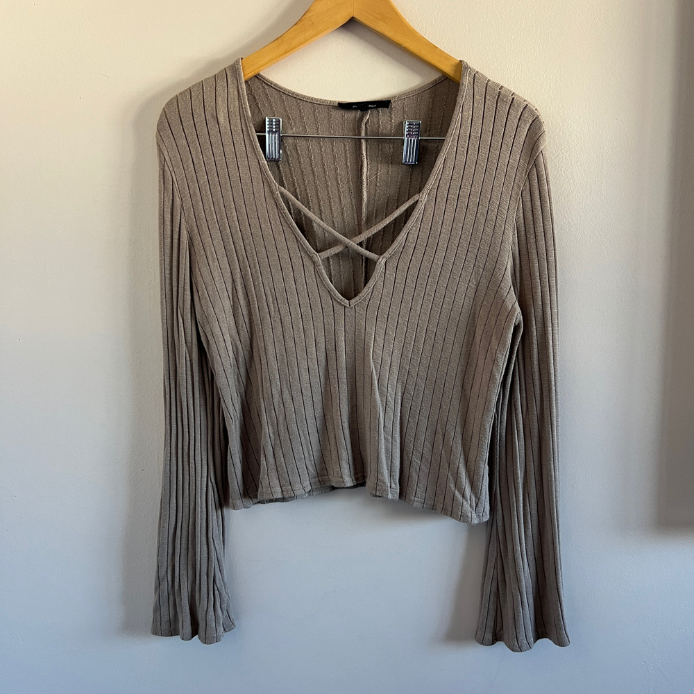 OLIVACEONS Beige Ribbed Long Sleeve Top Size L | Crisscross Front
